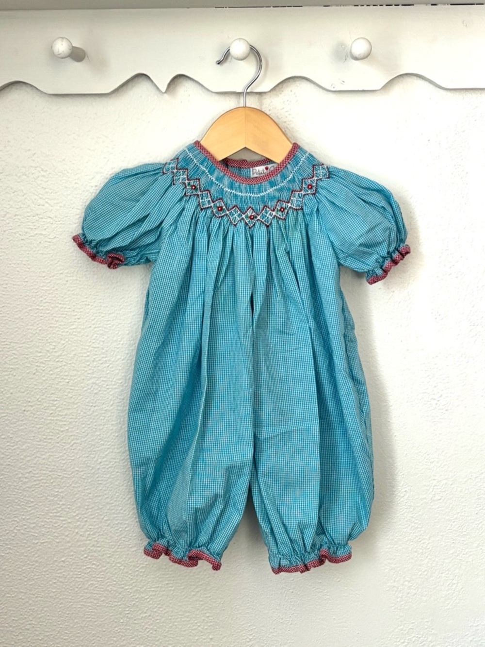 Petit Ami Smocked Romper 9M–Teal Gingham Bubble Romper–Southern Baby Clothes